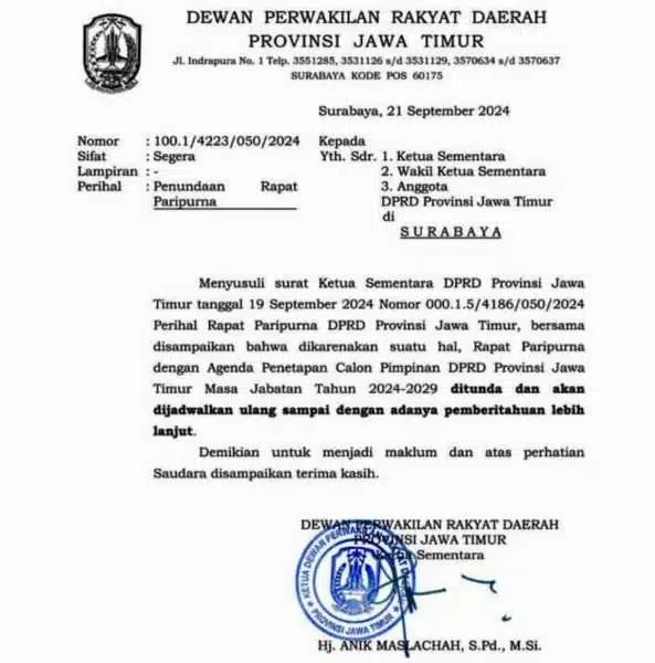 Spekulasi Merebak! Ketua DPRD Jatim Sementara Tunda Rapat Paripurna Penetapan Pimpinan