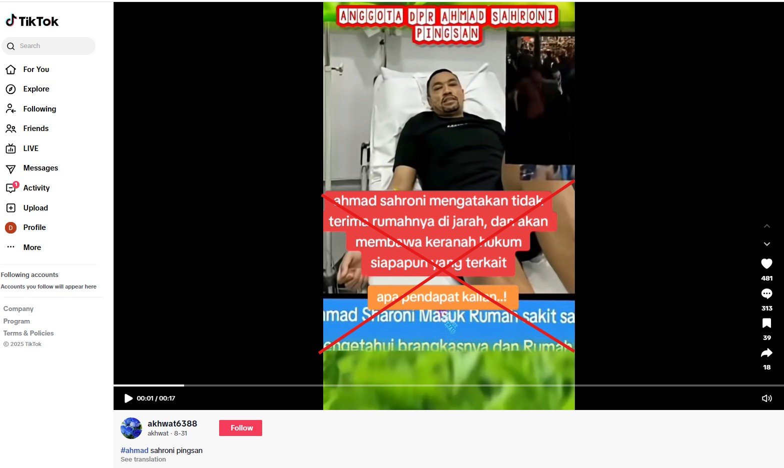 Video lama menyebar dengan narasi palsu 'kondisi Sahroni setelah rumahnya dirusak' 1 Video lama menyebar dengan narasi palsu ‘kondisi Sahroni setelah rumahnya dirusak’