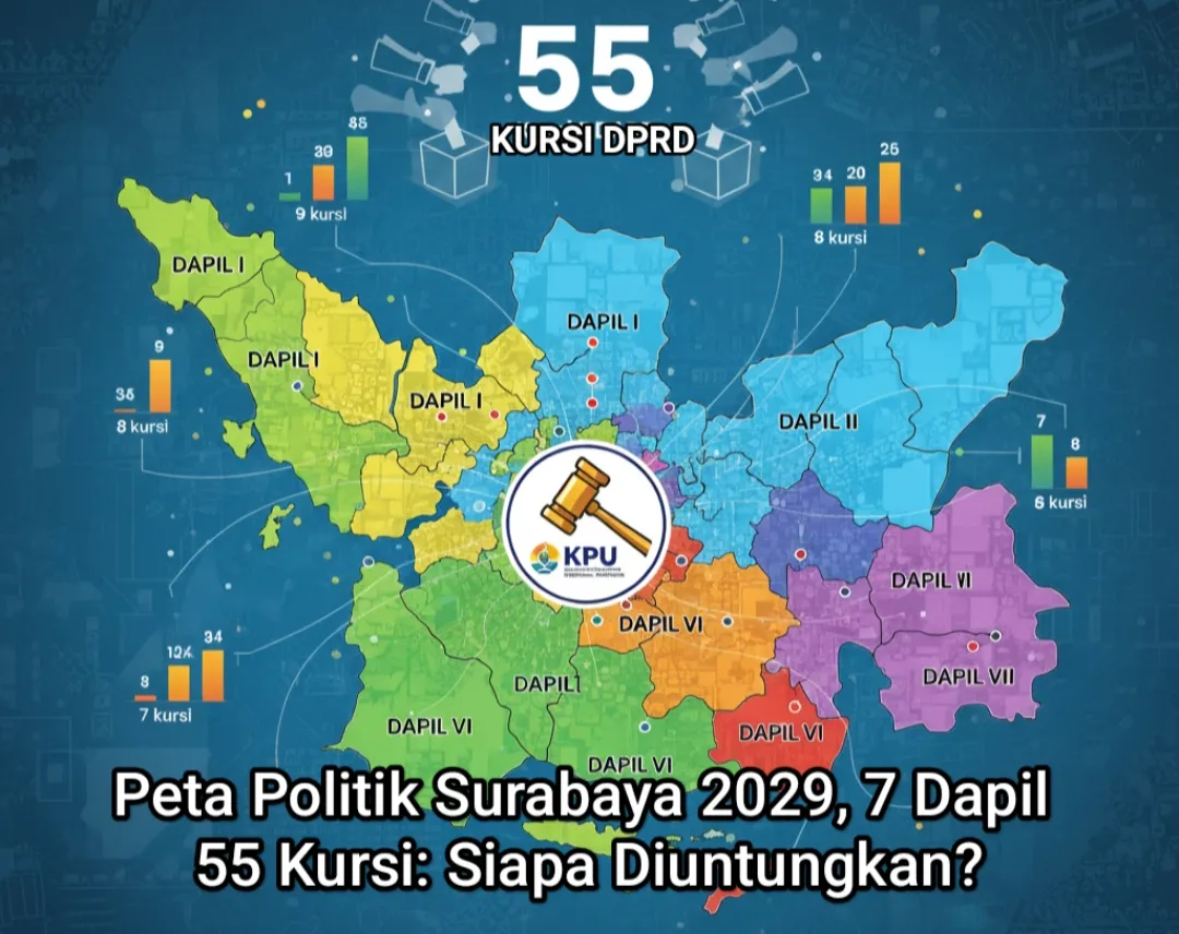 Peta Politik Surabaya 2029, 7 Dapil 55 Kursi: Siapa Diuntungkan? 1 Peta Politik Surabaya 2029, 7 Dapil 55 Kursi: Siapa Diuntungkan?