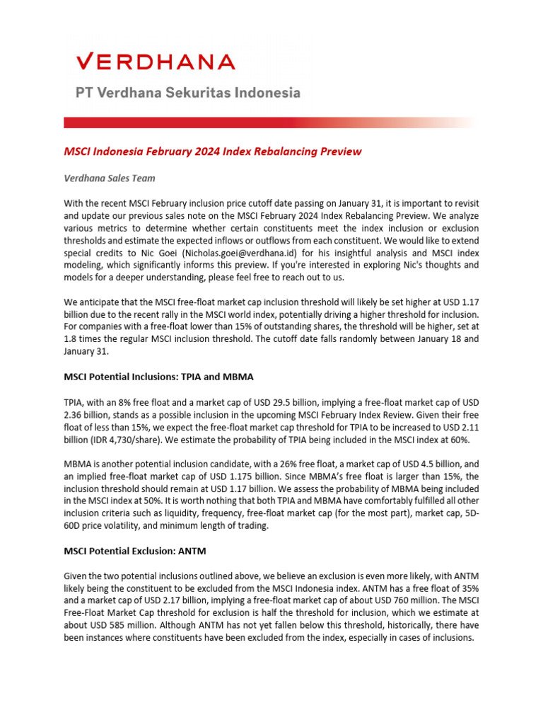 Perubahan Indeks Saham Indonesia yang Diumumkan oleh MSCI, 2 Dikeluarkan