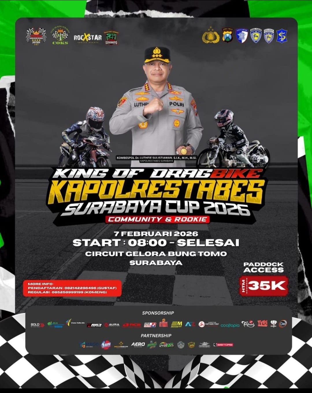 Ayo Arek-Arek!!!!, Ajang King of Drag Bike Kapolrestabes Surabaya Cup 2026, Nonton Gratis di GBT Surabaya