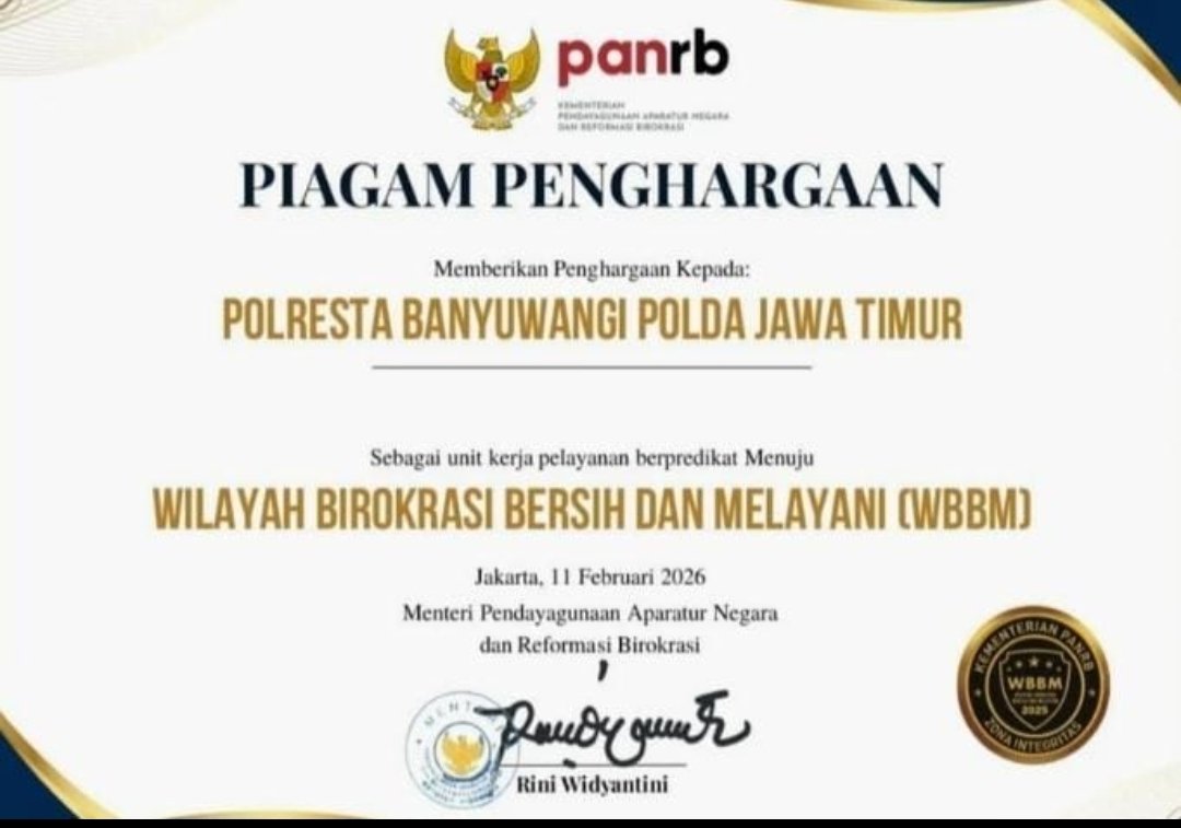 Polresta Banyuwangi Raih Penghargaan Zona Integritas Menuju WBBM Tahun 2025*