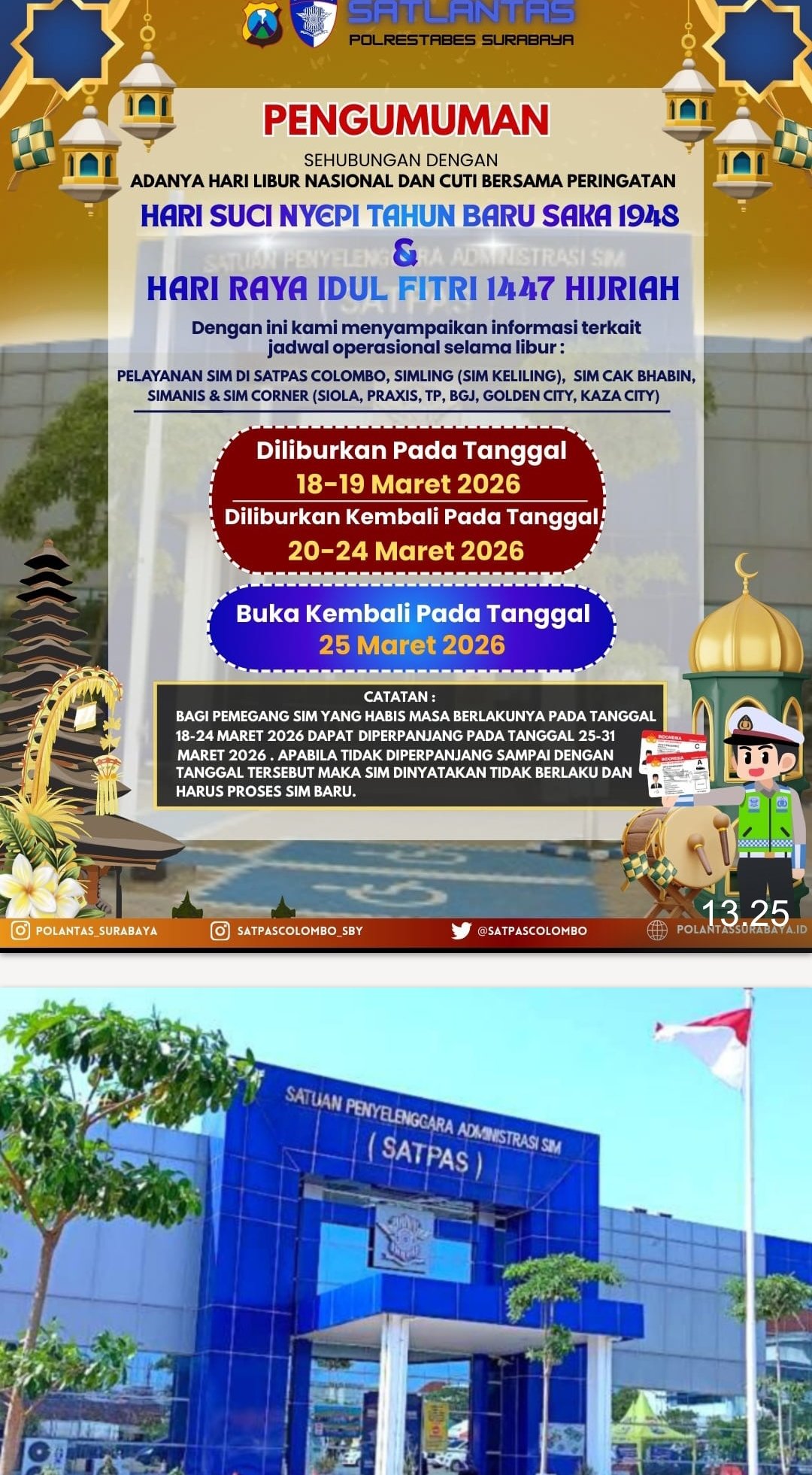 Klik di Instagram Satpas Colombo_Sby, Pemohon SIM Perpanjangan Ada Dispensasi Dihari Cuti Bersama 2026