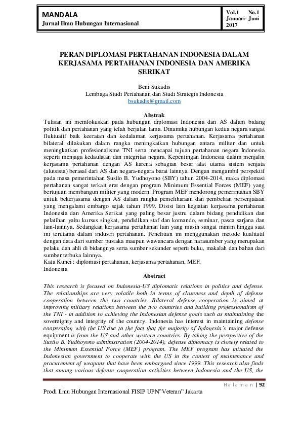 Kebijakan Pertahanan Indonesia dan Perspektif Kerja Sama dengan Amerika Serikat 1 Kebijakan Pertahanan Indonesia dan Perspektif Kerja Sama dengan Amerika Serikat
