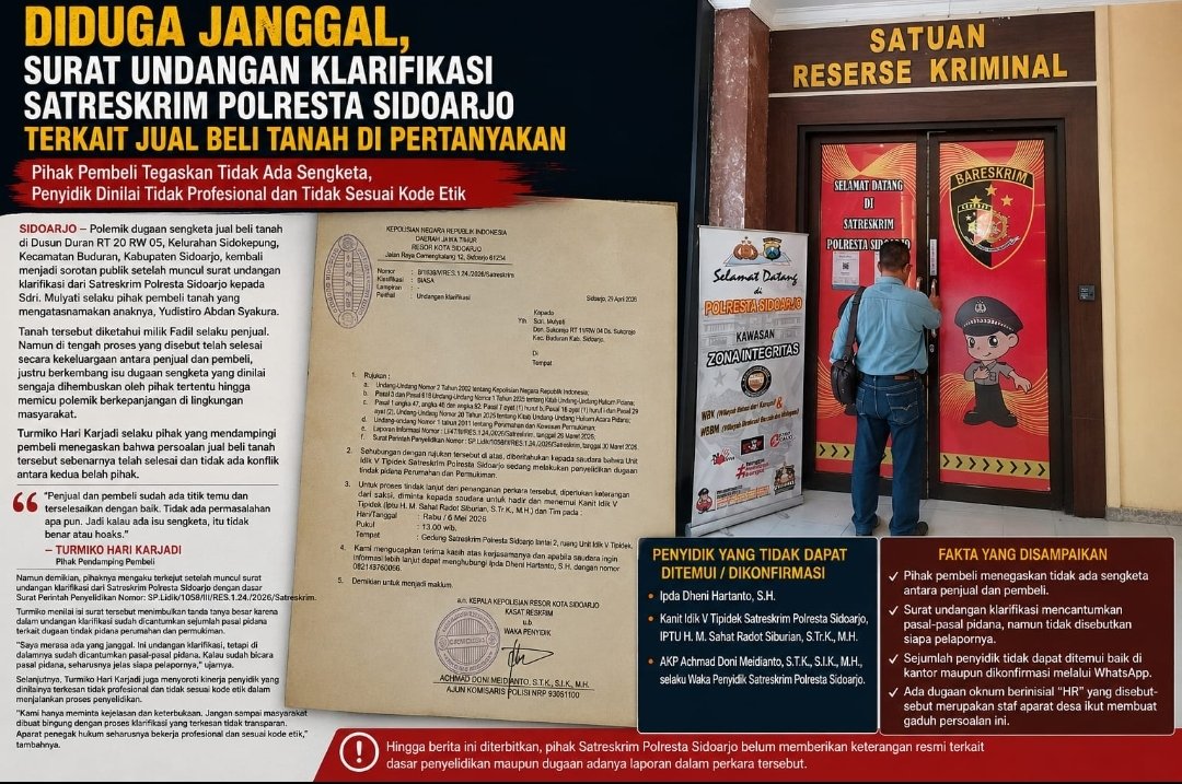 Diduga Janggal, Surat Undangan Klarifikasi Satreskrim Polresta Sidoarjo Terkait Jual Beli Tanah Dipertanyakan
