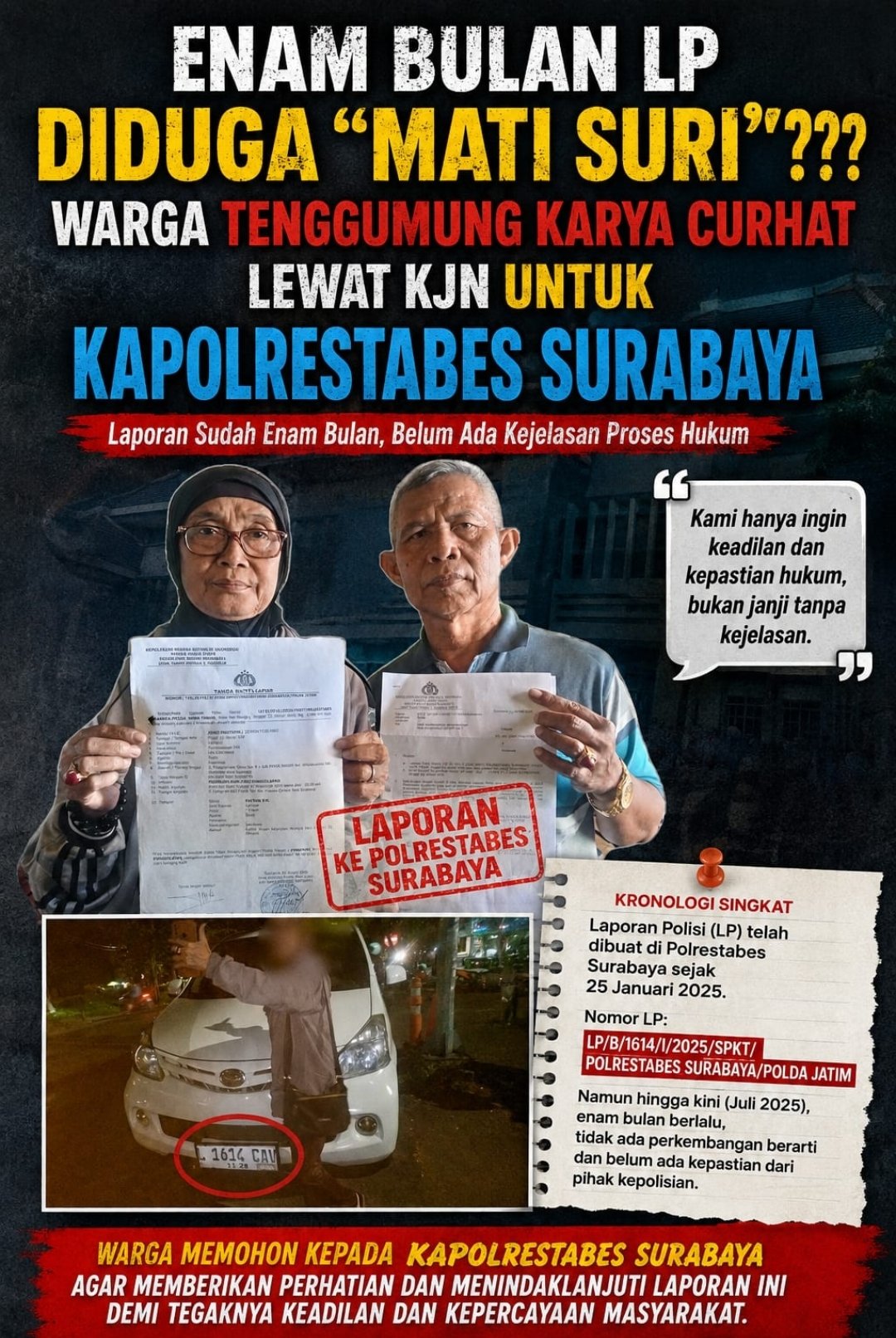 Enam Bulan LP Diduga “Mati Suri”?, Warga Tenggumung Karya Curhat Lewat KJN ke Kapolrestabes Surabaya