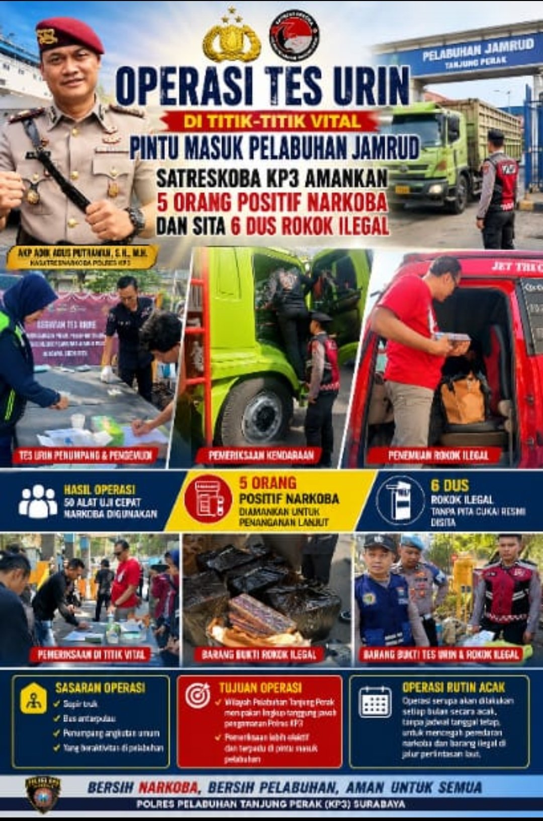 Operasi Tes Urin di Titik-titik vital Pintu Masuk Pelabuhan Jamrud, Satreskoba KP3 Amankan 5 Orang Positif Narkoba dan Sita 6 Dus Rokok Ilegal