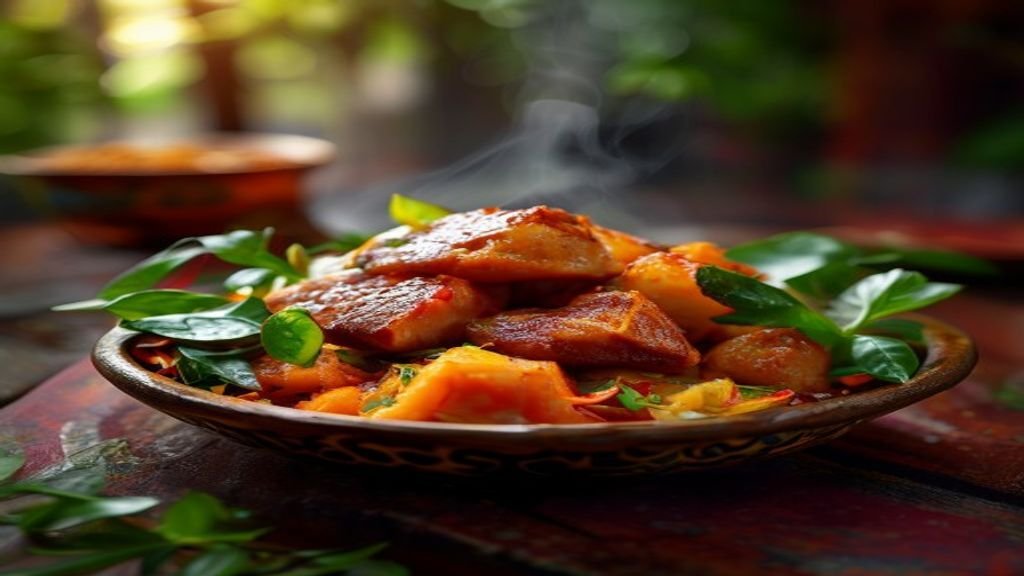 Beragam makanan khas Surabaya seperti rawon, soto ayam, dan rujak cingur di atas meja tradisional