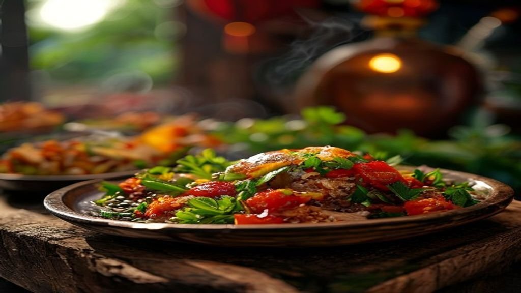 Makanan khas Surabaya seperti rawon, sate kelapa, dan rujak cingur di pasar tradisional yang ramai