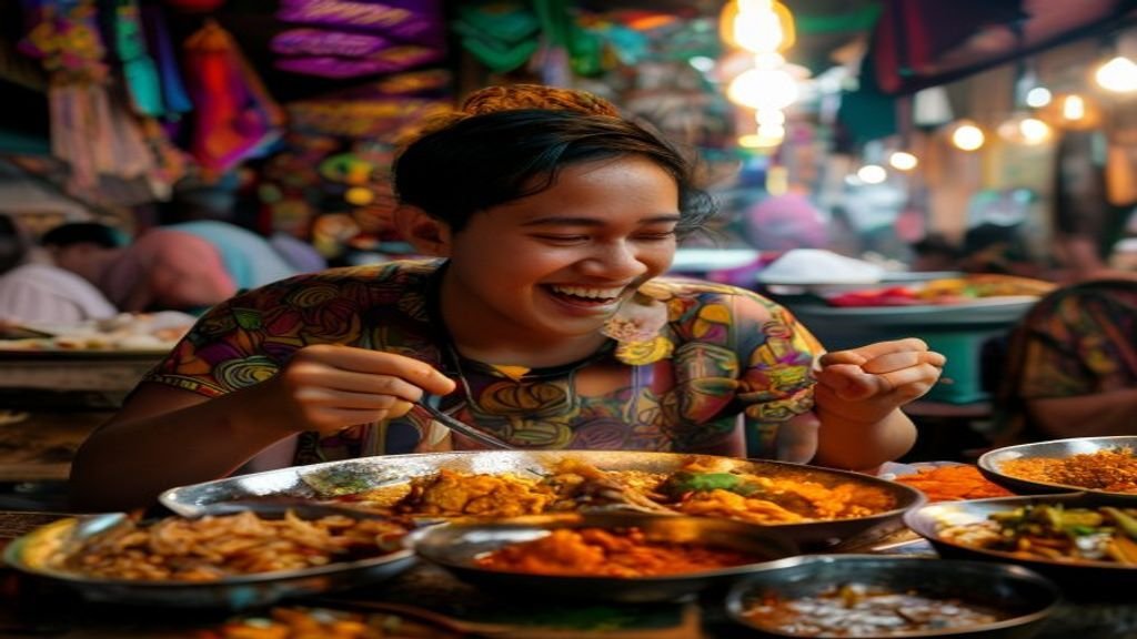 Piring beraneka makanan khas Surabaya seperti rawon, sate kelapa, dan lontong balap menampilkan kelezatan kuliner kota.