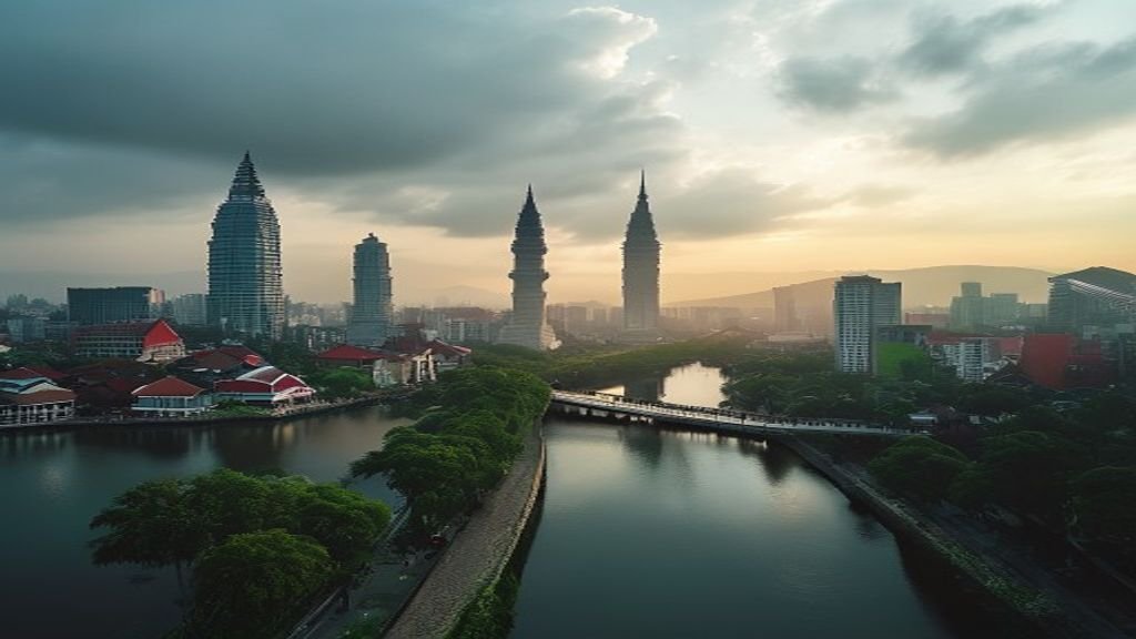 Surabaya: Jawaban Lengkap Transportasi Umum, Biaya & Keamanan 1 Pemandangan skyline Surabaya dengan menara Suroboyo, sungai Kalimas, dan jembatan iconic