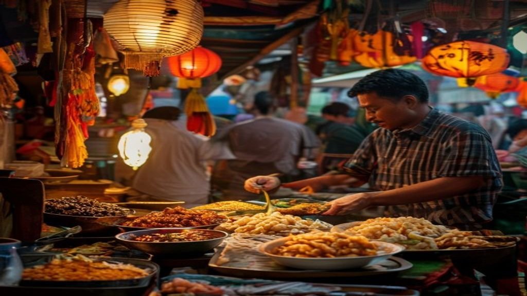 Pemandangan kota Surabaya di malam hari dengan lampu jalan bercahaya dan sungai yang mengalir.