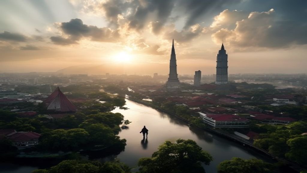 Pemandangan skyline Surabaya dengan menara Tugu Pahlawan dan pelabuhan, menonjolkan dinamika kota industri Indonesia.
