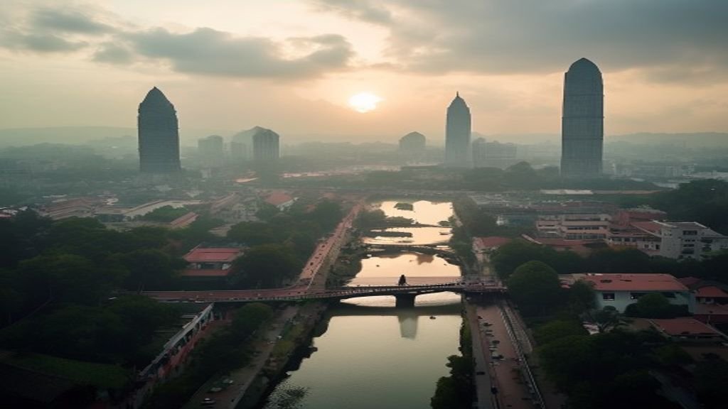Pemandangan skyline Surabaya di senja dengan menara Tunjungan dan pelabuhan megah menampilkan kemajuan kota.