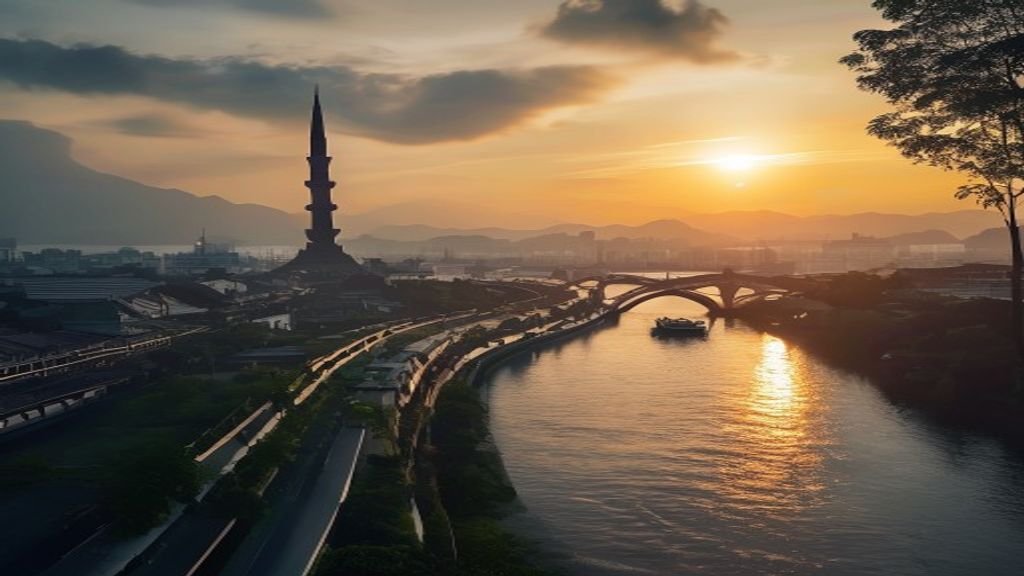 Pemandangan kota Surabaya dengan cakrawala modern dan pelabuhan bersejarah di tepi Sungai Brantas
