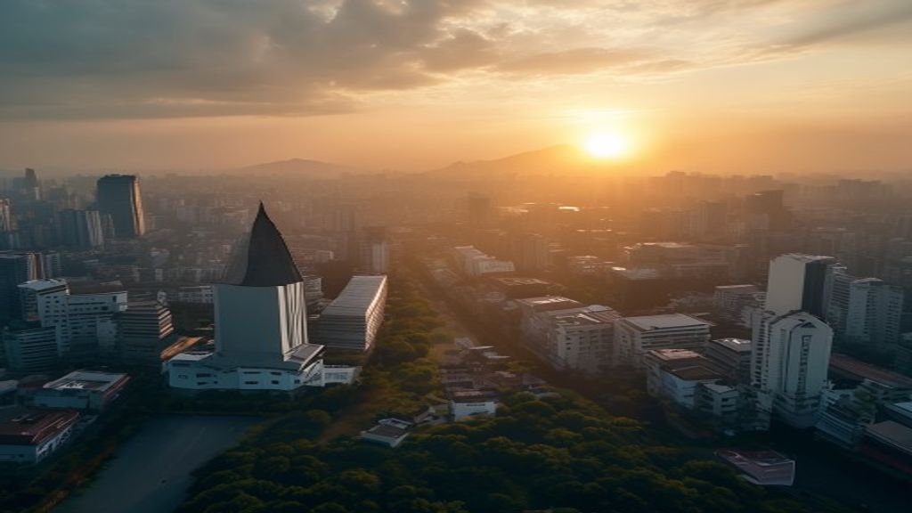 Pemandangan Surabaya menampilkan gedung tinggi, pelabuhan, dan Jembatan Suramadu saat senja