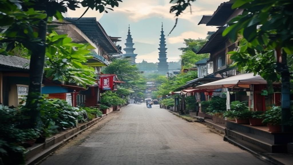 Pemandangan kota Surabaya dengan pelabuhan, gedung tinggi, dan jembatan Suramadu di latar senja.