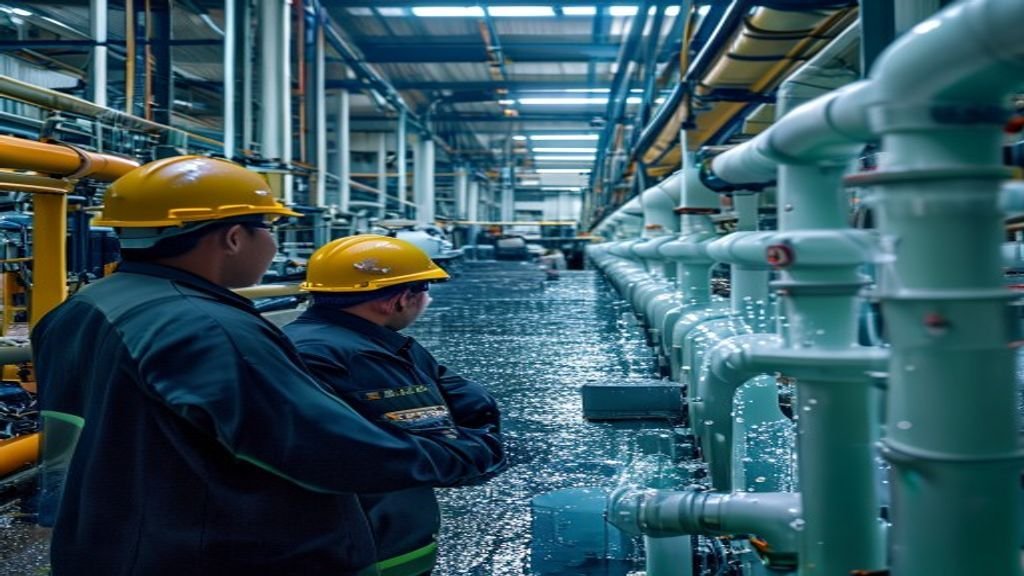 Membedah 4 Fakta Tersembunyi Infrastruktur Air Surabaya 1 Pemandangan kota Surabaya dengan gedung pencakar langit, pelabuhan, dan jembatan megah di senja hari.