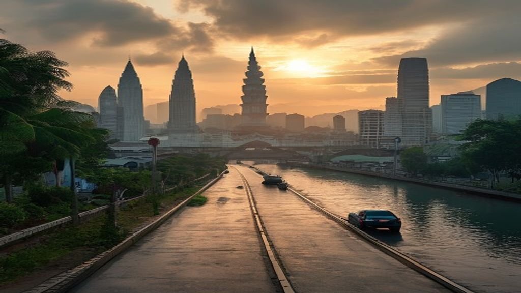Pemandangan kota Surabaya dengan latar gedung pencakar langit, pelabuhan, dan jembatan ikonik di sore hari.