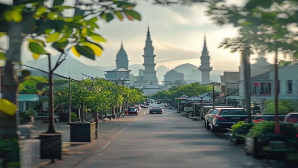 Pemandangan kota Surabaya dengan latar menara Suroboyo dan pelabuhan modern di sore hari