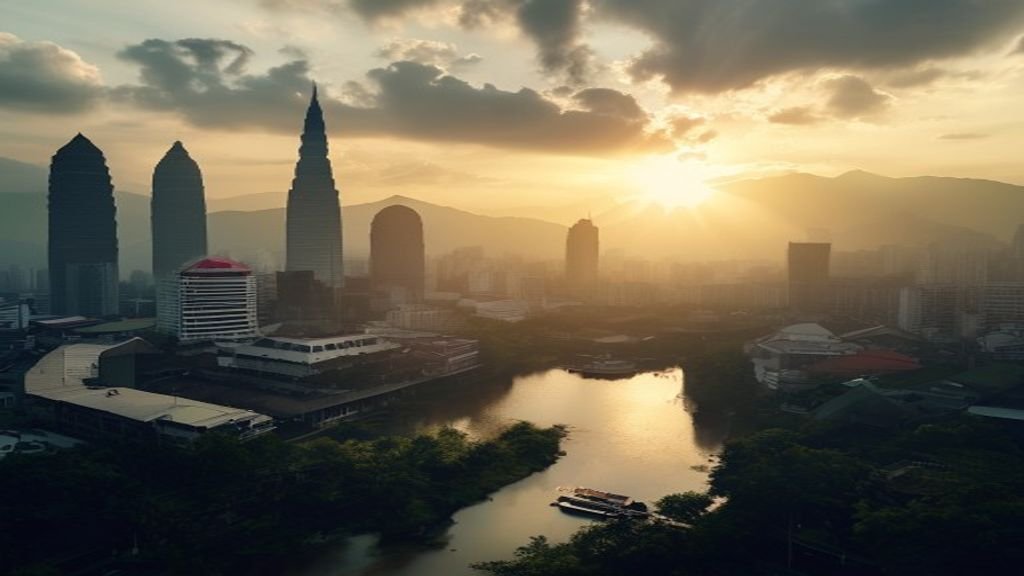 Pemandangan kota Surabaya dengan latar gedung pencakar langit, pelabuhan, dan jembatan iconic di senja hari.