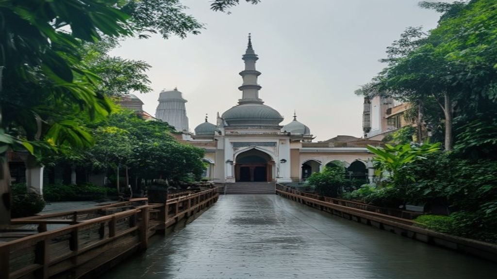 Pemandangan Surabaya dengan menara Juanda, jembatan, dan pantai, menonjolkan atraksi wisata kota.