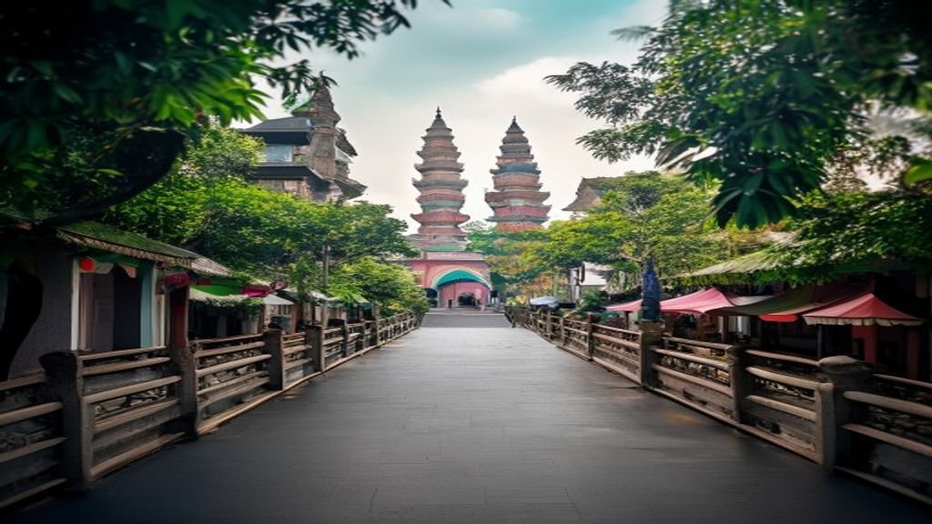 Panduan Wisata Surabaya: 5 Langkah Praktis Nikmati Kota Pahlawan 1 Pemandangan ikon wisata Surabaya dengan Jembatan Suramadu, menara kelapa, dan kuliner khas di tepi sungai