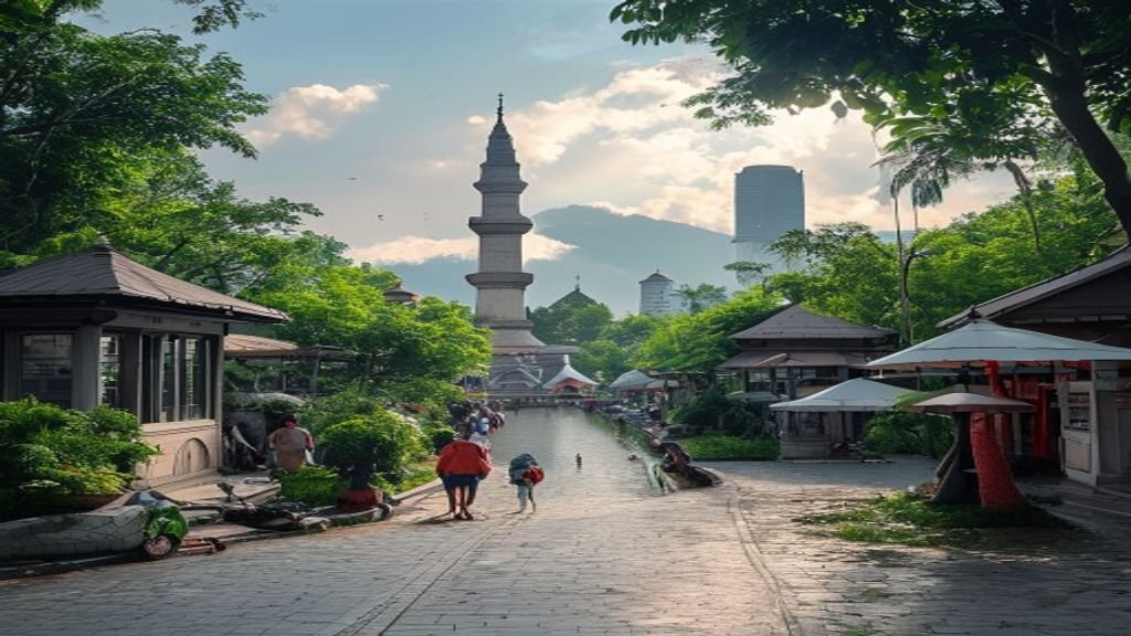 Pemandangan ikon wisata Surabaya seperti Jembatan Suramadu, Tugu Pahlawan, dan kuliner khas di tepi kota