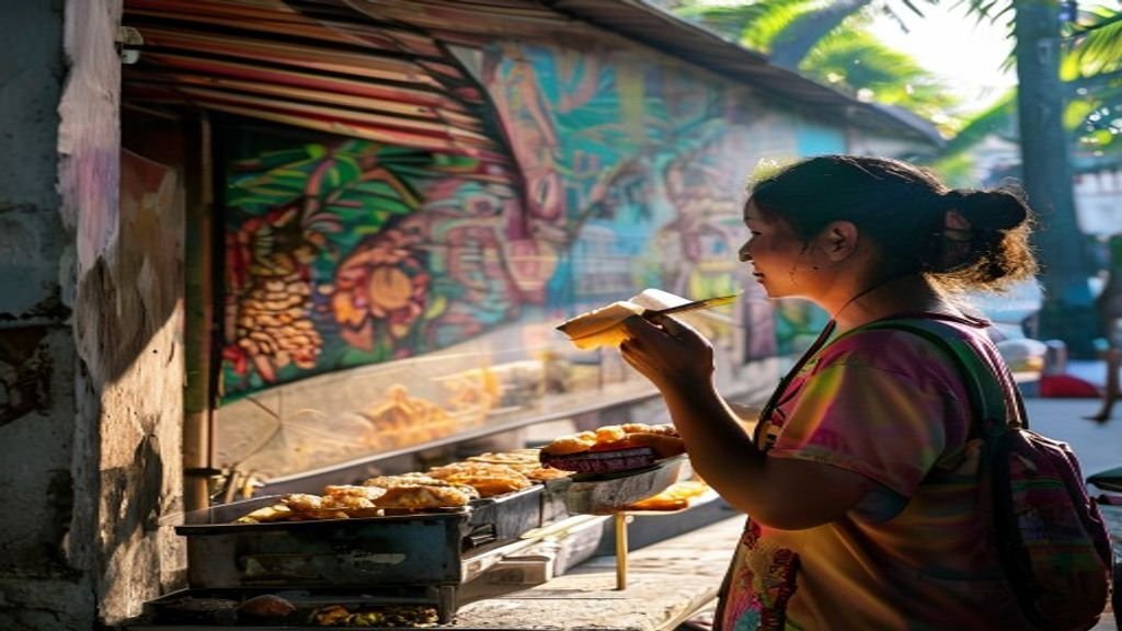 Pemandangan ikonik kota Surabaya, menampilkan Jembatan Suramadu, kuliner khas, dan suasana pantai bersejarah