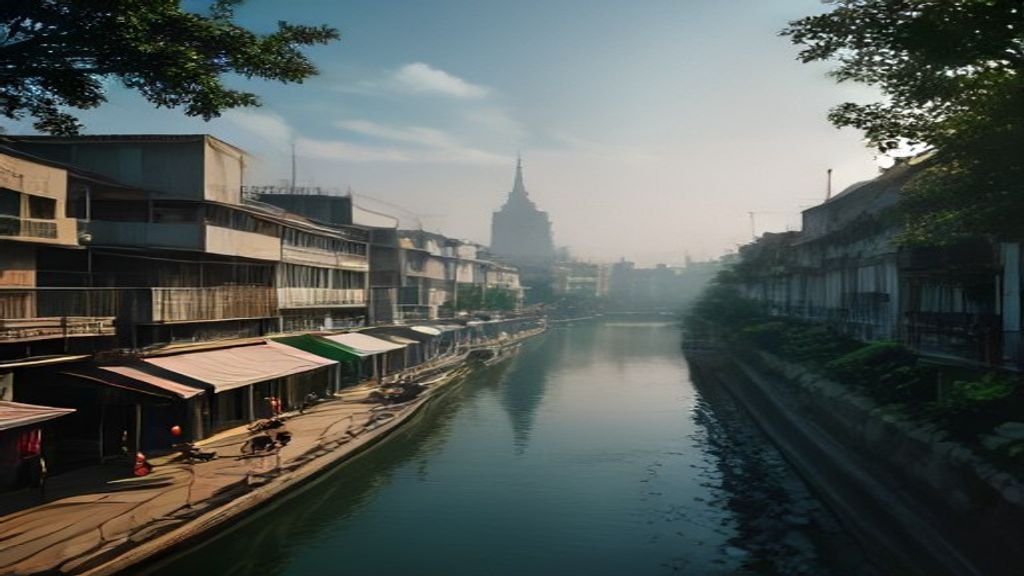 Pemandangan kota Surabaya dengan latar gedung pencakar langit, pelabuhan, dan jambore budaya lokal.