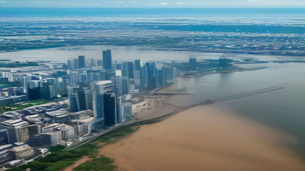 Pemandangan kota Surabaya dengan latar gedung pencakar langit, pelabuhan, dan Jembatan Suramadu di senja hari.