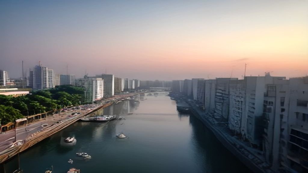 Pemandangan kota Surabaya dengan gedung pencakar langit, pelabuhan, dan jembatan ikonik di tepi Sungai Brantas