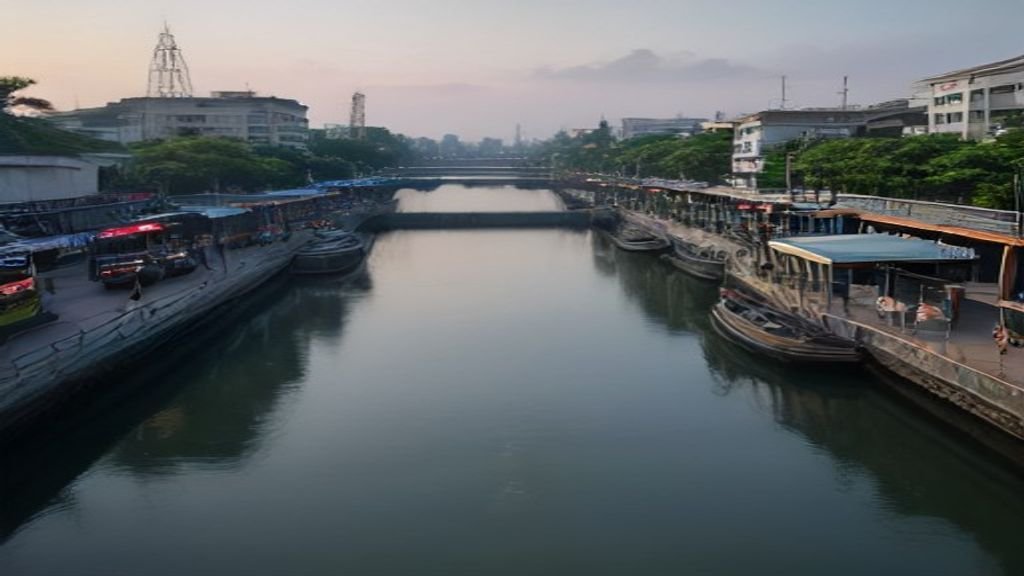 Kota Surabaya malam hari dengan latar belakang jembatan dan gedung pencakar langit