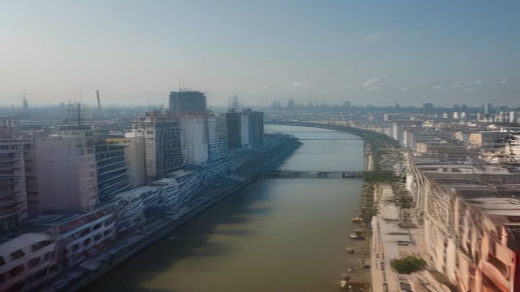 Pemandangan Kota Surabaya di tepi Sungai Brantas dengan gedung pencakar langit modern dan jembatan bersejarah