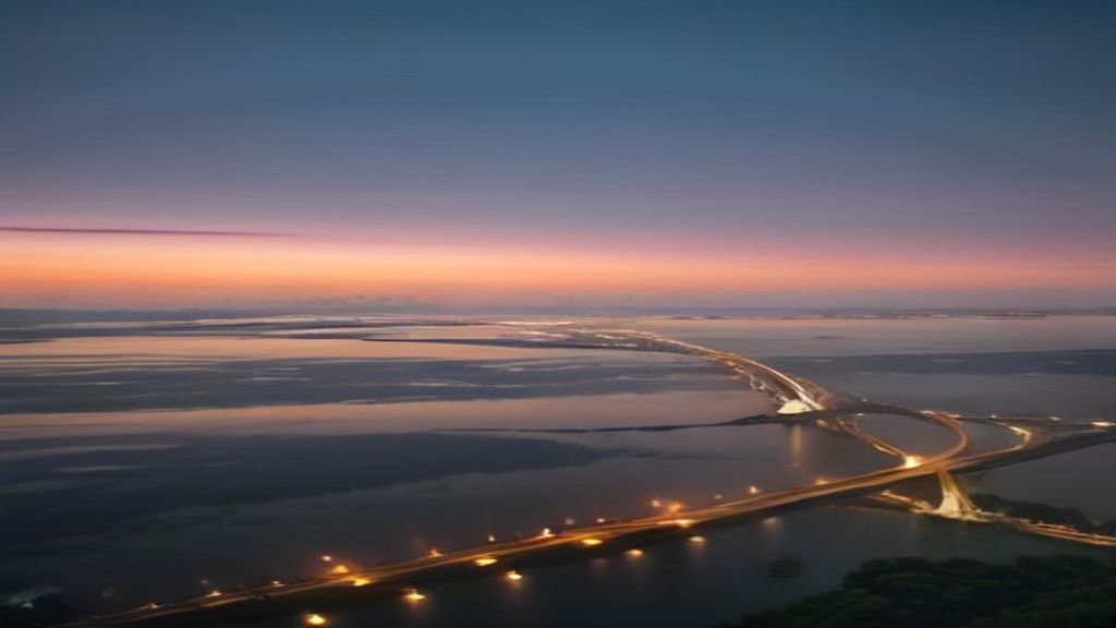 Pemandangan ikon wisata Surabaya, termasuk Jembatan Suramadu dan Tugu Pahlawan di latar kota