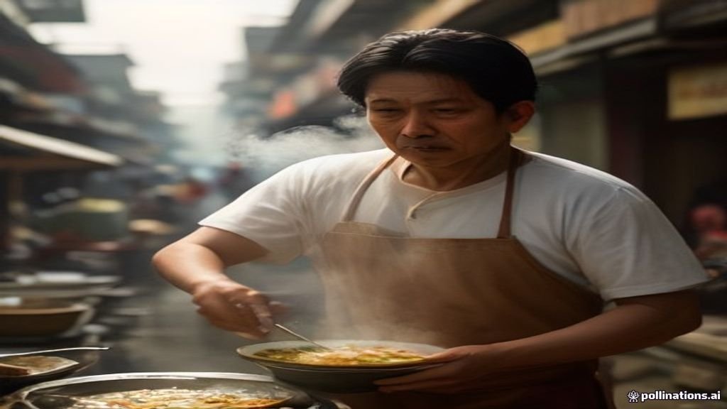 Piring nasi pecel dengan sambal kacang, sate klopo, dan kerupuk khas kuliner Surabaya