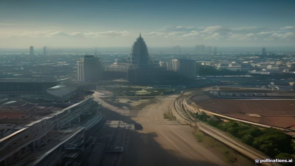 Pemandangan skyline Surabaya dengan menara Juanda dan sungai Brantas di senja hari
